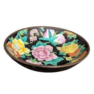 Vintage  floral Chinese enamel brass bowl with wall hook 6" trinket dish decor